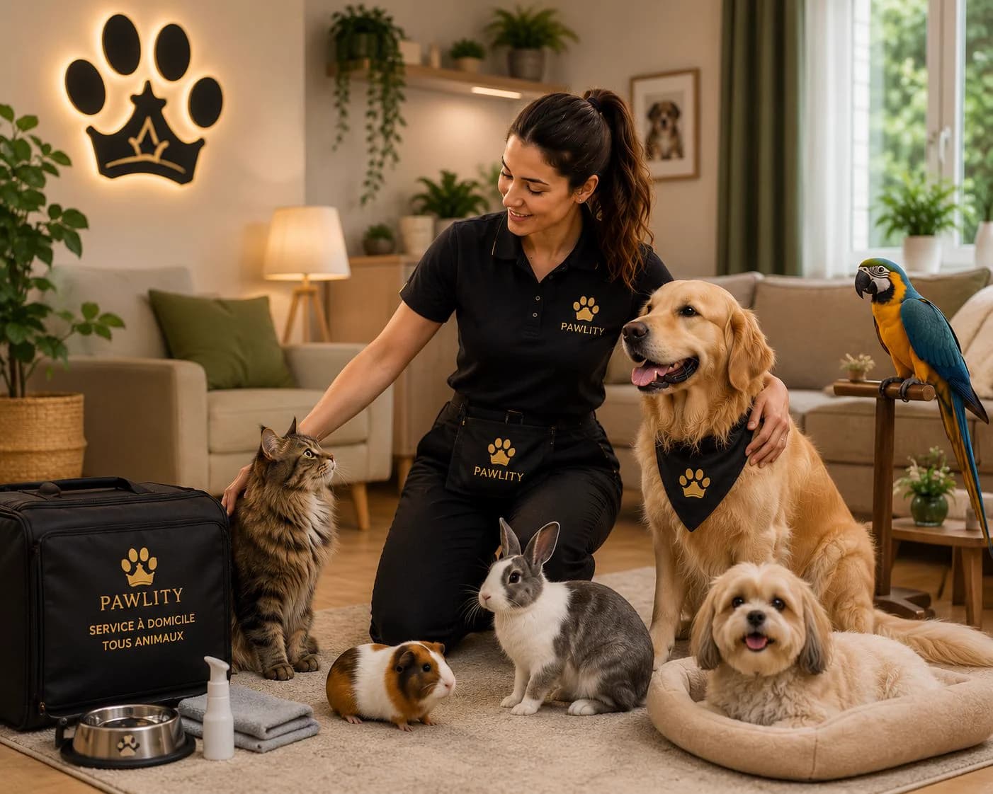 Partenaire Pawlity en polo et tablier noir & or, avec le sac de service siglé
