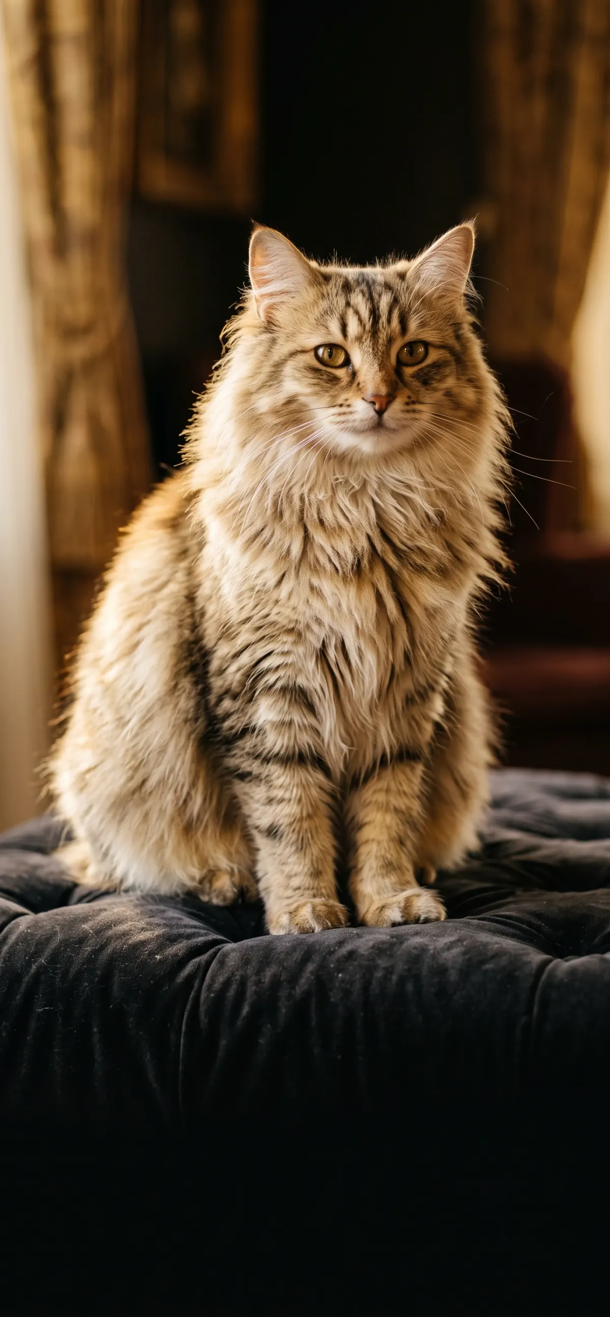 Un chat au repos, dans un intérieur chaleureux